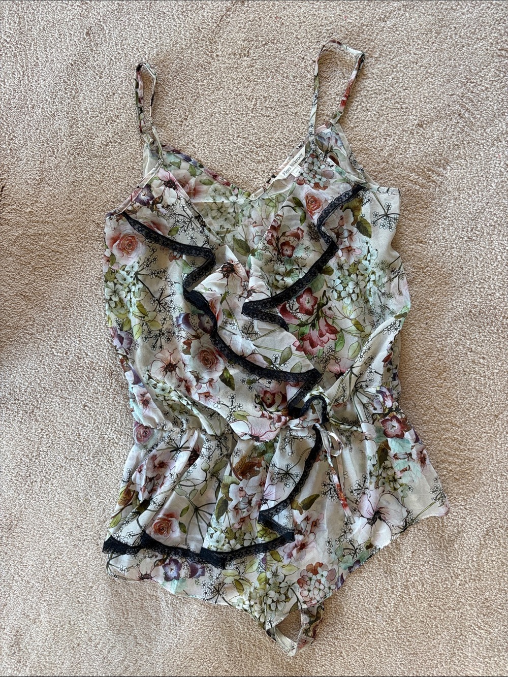 Flora Nikrooz Floral Ruffle Camisole Romper - Green Floral Print